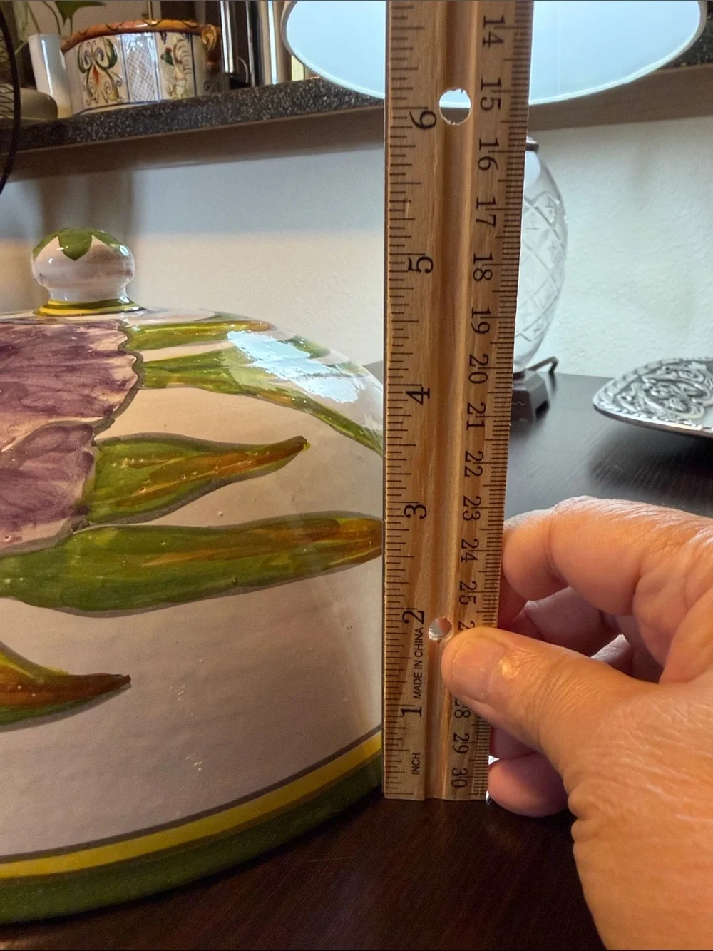 Handpainted Covered Food Dome (only) Features Purple Iris & Green Leaves & edge.